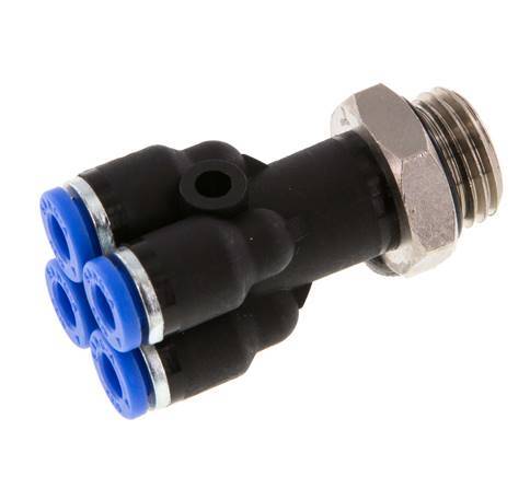 4mm x G1/4'' 4-way Y Manifold Push-in Fitting with Male Threads Brass/PA 66 NBR Rotatable