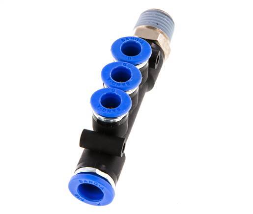 6mm x 8mm x R1/4'' Manifold à 3 voies avec filetage mâle Laiton/PA 66 NBR Rotatif