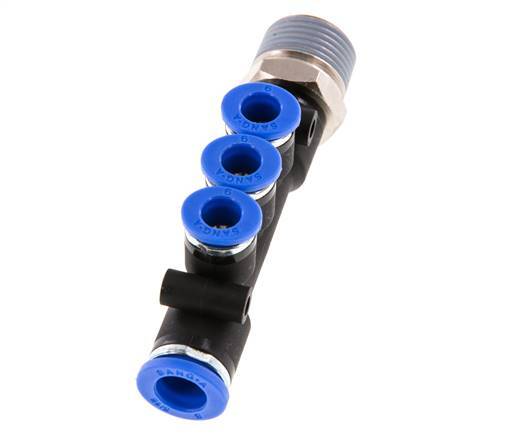 6mm x 8mm x R3/8'' Manifold à 3 voies avec filetage mâle Laiton/PA 66 NBR Rotatif