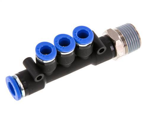 6mm x 8mm x R3/8'' Manifold à 3 voies avec filetage mâle Laiton/PA 66 NBR Rotatif