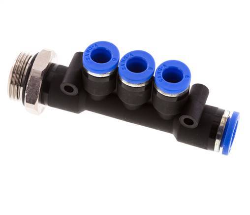 6mm x 8mm x G3/8'' Manifold à 3 voies avec filetage mâle Laiton/PA 66 NBR Rotatif