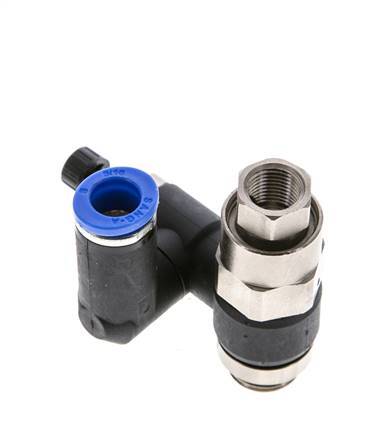 Silencieux de contrôle de débit, compteur rotatif 8 mm - G1/4''-G1/8'' laiton/PA 66 avec clapet anti-retour piloté