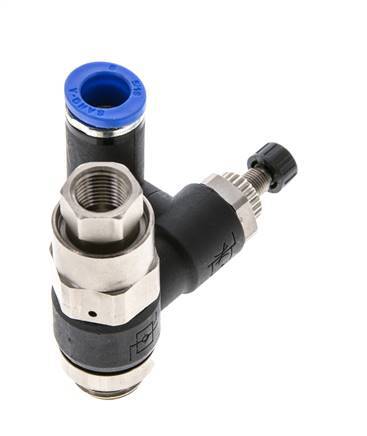 Silencieux de contrôle de débit, compteur rotatif 8 mm - G1/4''-G1/8'' laiton/PA 66 avec clapet anti-retour piloté