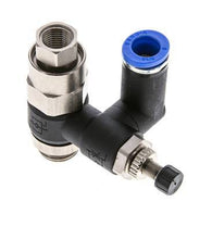 Silencieux de contrôle de débit, compteur rotatif 8 mm - G1/4''-G1/8'' laiton/PA 66 avec clapet anti-retour piloté