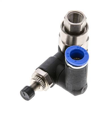 Silencieux de contrôle de débit, compteur rotatif 8 mm - G1/4''-G1/8'' laiton/PA 66 avec clapet anti-retour piloté