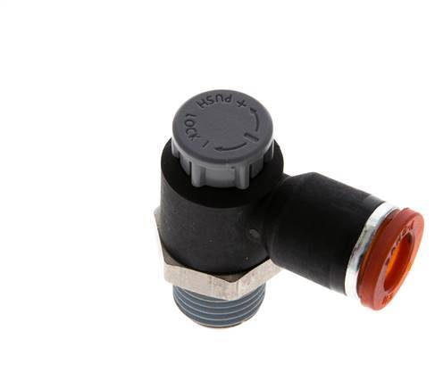 Vanne de régulation de débit Coude d'entrée 8 mm - R1/4'' Laiton/ Contre-écrou PA 66