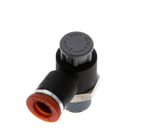 Vanne de régulation de débit Coude d'entrée 8 mm - R1/4'' Laiton/ Contre-écrou PA 66