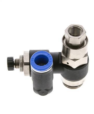 Silencieux de contrôle de débit, sortie de compteur rotative 12 mm - G1/2''-G1/4'' laiton/PA 66 avec clapet anti-retour piloté