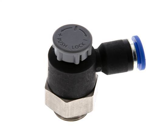 Vanne de régulation de débit Coude de sortie de compteur 6 mm - G1/4'' Laiton/ Contre-écrou PA 66
