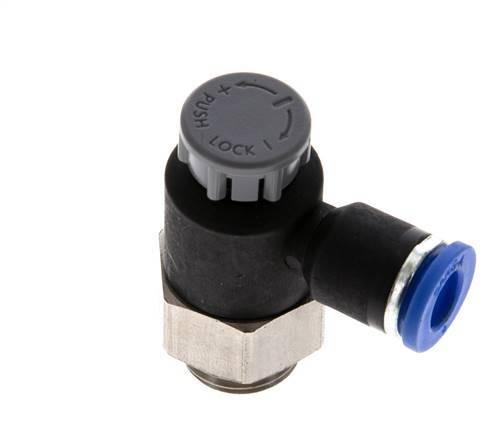 Vanne de régulation de débit Coude de sortie de compteur 6 mm - G1/4'' Laiton/ Contre-écrou PA 66