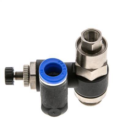 Silencieux de contrôle de débit, sortie de compteur rotative 10 mm - G3/8''-G1/8'' laiton/PA 66 avec clapet anti-retour piloté