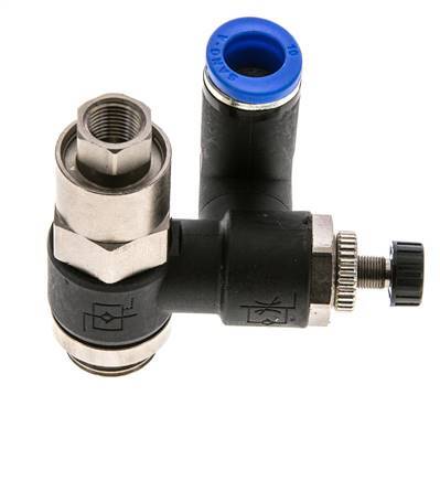 Silencieux de contrôle de débit, sortie de compteur rotative 10 mm - G3/8''-G1/8'' laiton/PA 66 avec clapet anti-retour piloté