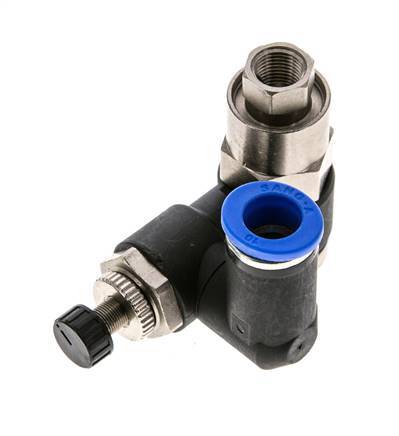 Silencieux de contrôle de débit, sortie de compteur rotative 10 mm - G3/8''-G1/8'' laiton/PA 66 avec clapet anti-retour piloté