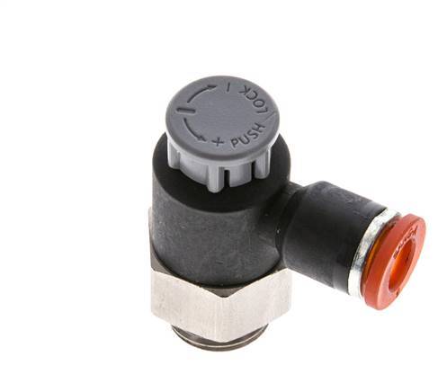 Vanne de régulation de débit Coude d'entrée 6 mm - G1/4'' Laiton/ Contre-écrou PA 66