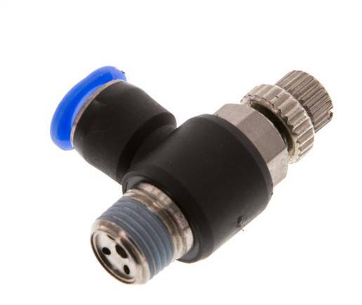 Coude de sortie de compteur du silencieux Flow Control 6 mm - R1/8'' laiton/PBT
