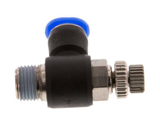 Coude de sortie de compteur du silencieux Flow Control 6 mm - R1/8'' laiton/PBT