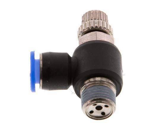 Coude de sortie de compteur du silencieux Flow Control 6 mm - R1/8'' laiton/PBT