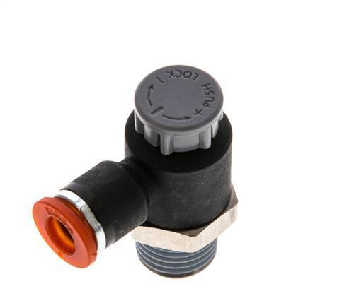 Vanne de régulation de débit Coude d'entrée 6 mm - R1/4'' Laiton/ Contre-écrou PA 66