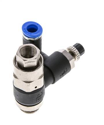 Silencieux de contrôle de débit, sortie rotative 6 mm - G1/4''-G1/8'' laiton/PA 66 avec clapet anti-retour piloté