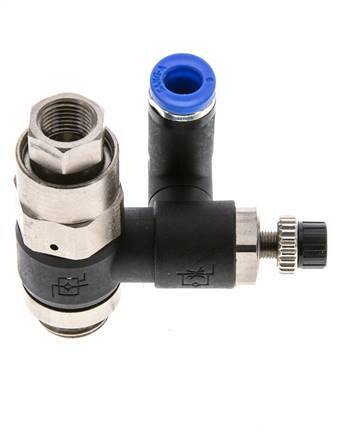 Silencieux de contrôle de débit, sortie rotative 6 mm - G1/4''-G1/8'' laiton/PA 66 avec clapet anti-retour piloté