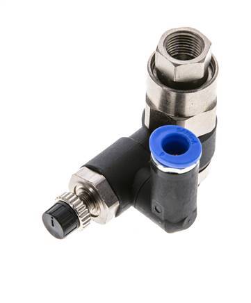 Silencieux de contrôle de débit, sortie rotative 6 mm - G1/4''-G1/8'' laiton/PA 66 avec clapet anti-retour piloté