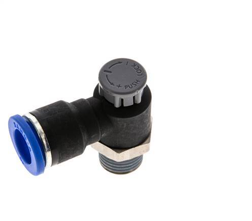 Vanne de régulation de débit Coude de sortie de compteur 10 mm - R1/4'' Laiton/ Contre-écrou PA 66