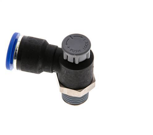 Vanne de régulation de débit Coude de sortie de compteur 10 mm - R1/4'' Laiton/ Contre-écrou PA 66