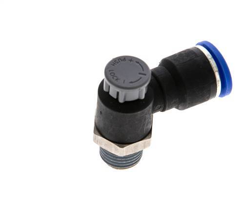 Vanne de régulation de débit Coude de sortie de compteur 10 mm - R1/4'' Laiton/ Contre-écrou PA 66