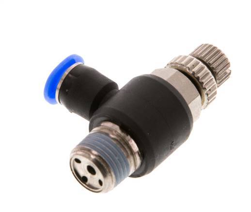 Coude de sortie de compteur du silencieux Flow Control 4 mm - R1/8'' laiton/PBT