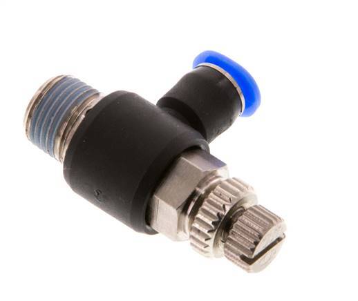 Coude de sortie de compteur du silencieux Flow Control 4 mm - R1/8'' laiton/PBT