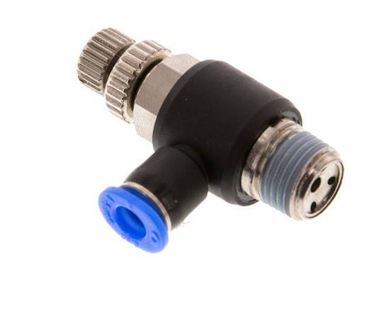 Coude de sortie de compteur du silencieux Flow Control 4 mm - R1/8'' laiton/PBT