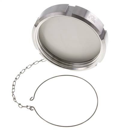 Ecrou borgne Rd130 X 1/4'' DN 100 Acier inoxydable 1.4404 NBR DIN 11851 FDA 21 avec chaîne
