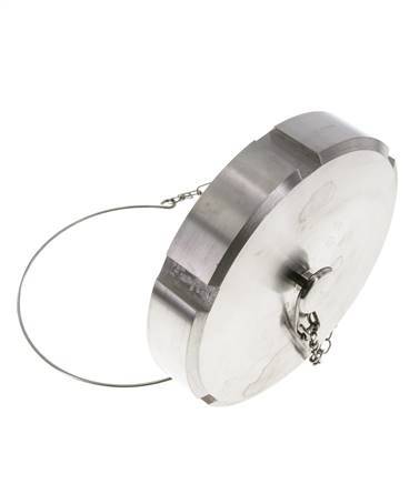 Ecrou borgne Rd130 X 1/4'' DN 100 Acier inoxydable 1.4301 NBR DIN 11851 FDA 21 avec chaîne
