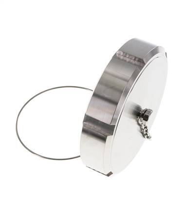 Ecrou borgne Rd110 X 1/4'' DN 80 Acier inoxydable 1.4404 NBR DIN 11851 FDA 21 avec chaîne