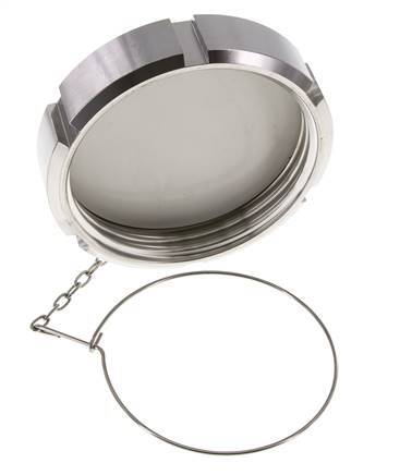 Ecrou borgne Rd110 X 1/4'' DN 80 Acier inoxydable 1.4404 NBR DIN 11851 FDA 21 avec chaîne