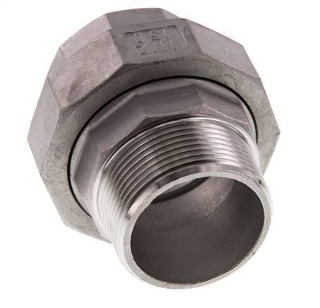 Rp 1 1/2'' x R 1 1/2'' F/M Mamelon double en acier inoxydable 3-pièces avec joint plat 16 Bar