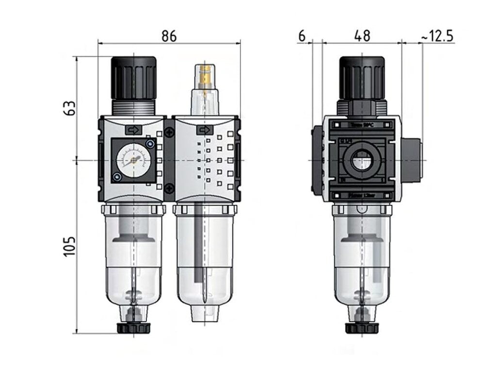 FRL 2-Part G1/4'' 800 l/min 0.5-10.0bar/7-145psi Auto (Closed Without Pressure) Polycarbonate Futura 0