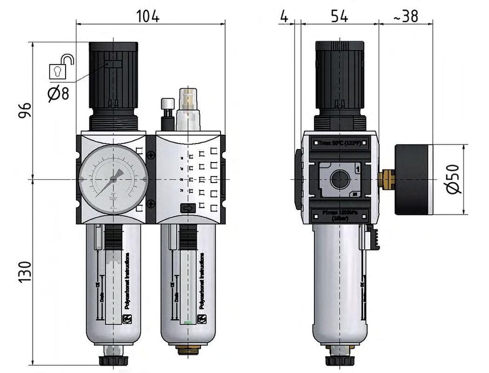 FRL 2 Parties G1/4'' 1750l/min 0.5-10.0bar/7-145psi Semi-Auto Polycarbonate Futura 1