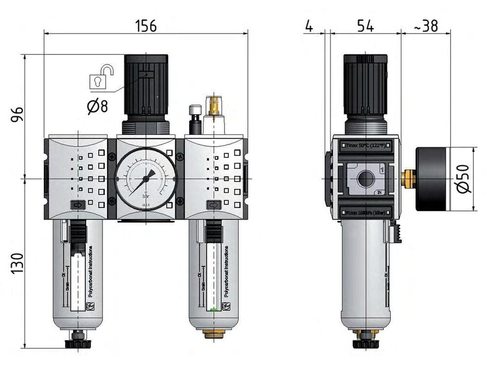 FRL 3-Part G3/8'' 1750 l/min 0.1-2.0bar/1-29psi Semi-Auto Polycarbonate Futura 1