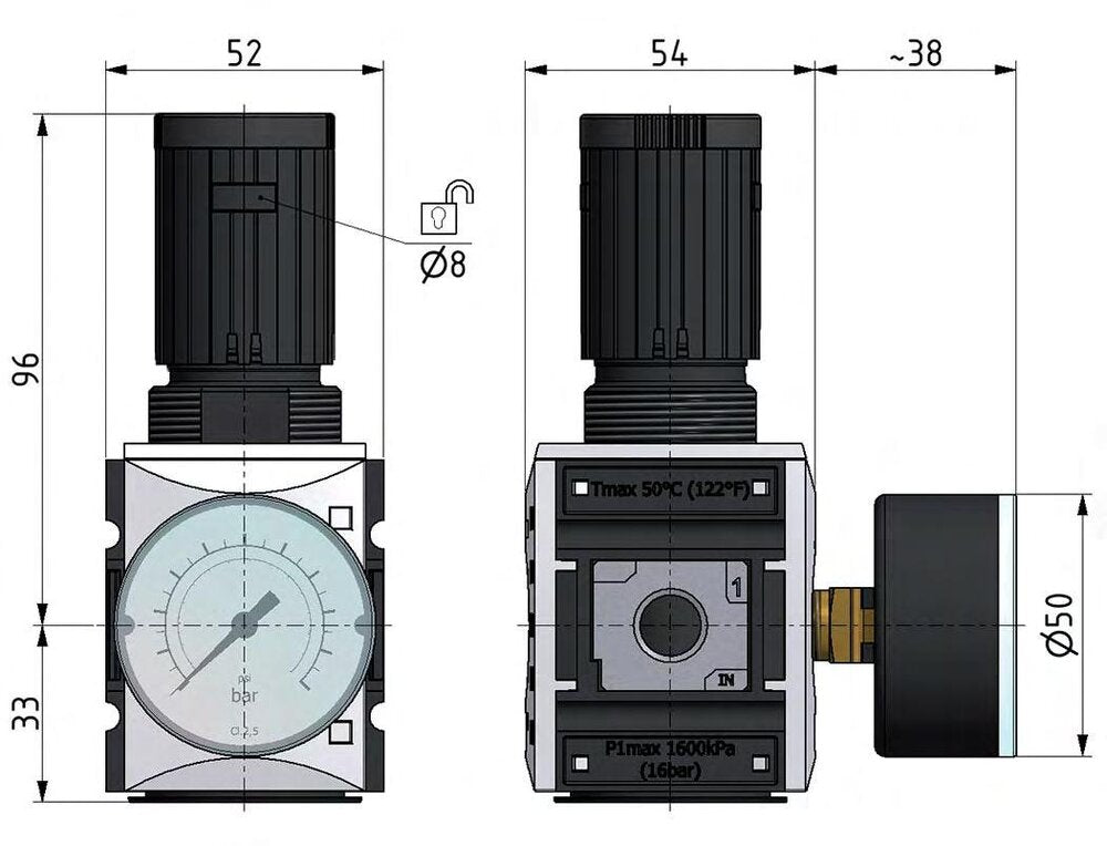Pressure Regulator G1/4'' 2000 l/min 0.5-8.0bar/7-116psi PA Safety Futura 1
