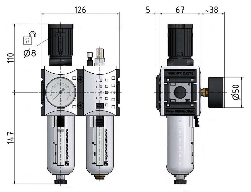 FRL 2 Parties G1/2'' 3500l/min 0.1-1.0bar/1-14psi Semi-Automatique Polycarbonate Futura 2