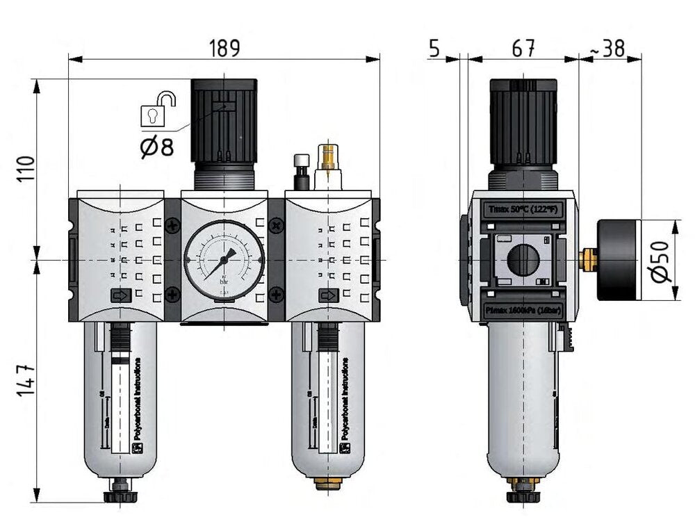 FRL 3-Part G3/8'' 3500 l/min 0.5-16.0bar/7-232psi Semi-Auto Polycarbonate Futura 2
