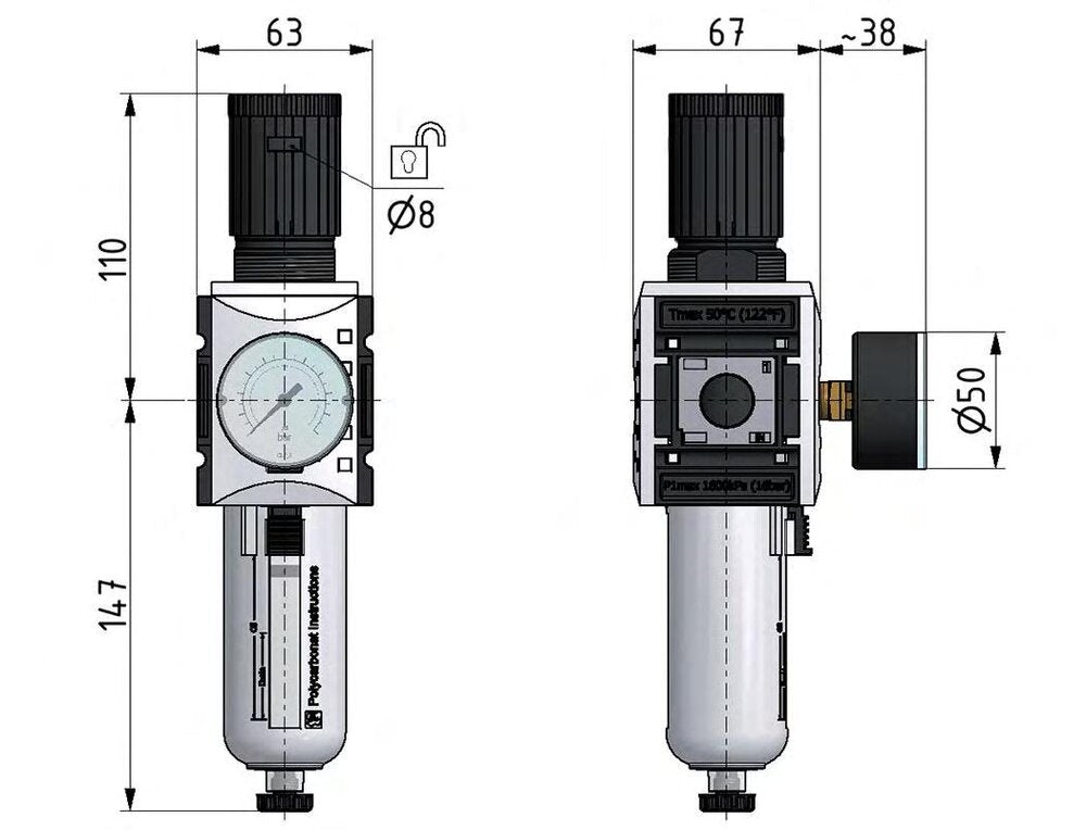 Filter-Regulator G3/8'' 4500 l/min 0.2-4.0bar/3-58psi Semi-Auto Metal Futura 2