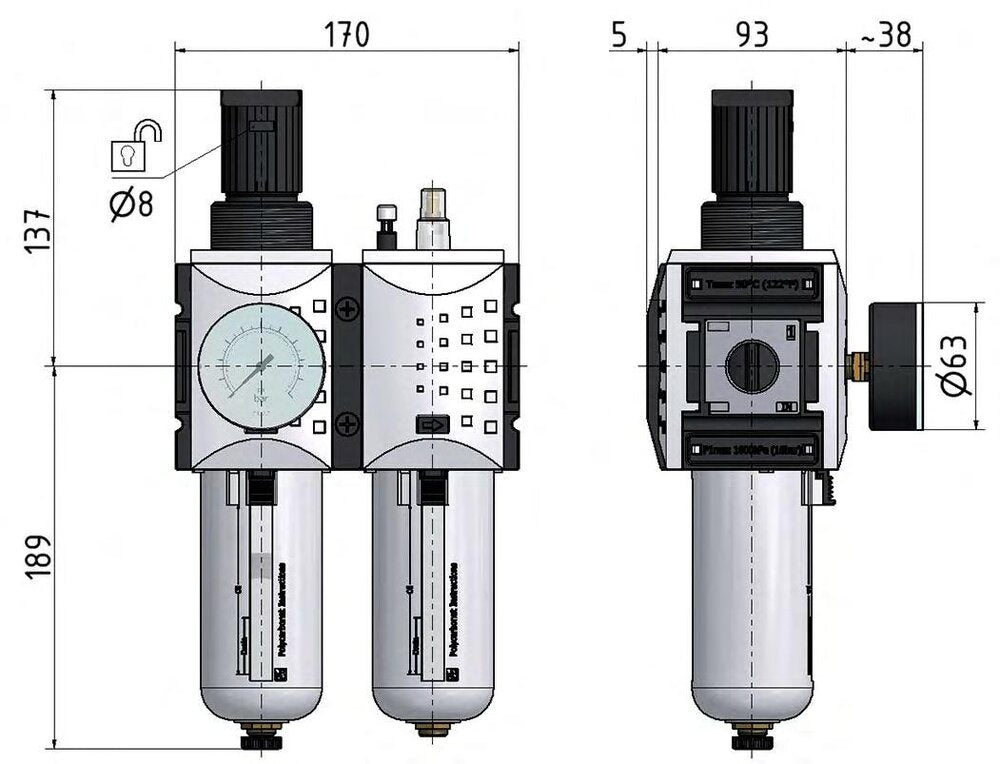 FRL 2 Parties G3/4'' 12000l/min 0.5-8.0bar/7-116psi Auto Polycarbonate Futura 4
