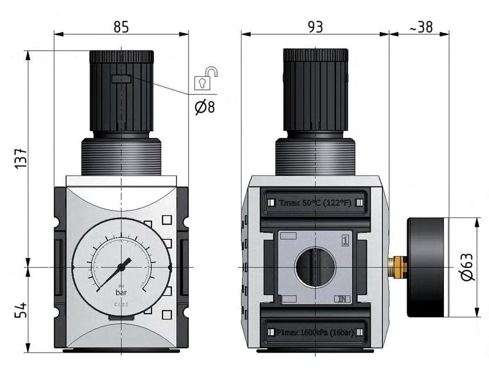 Régulateur de pression G1'' 14200l/min 0.5-10.0bar/7-145psi PA Futura 4