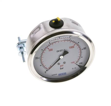 Manomètre à glycérine G1/2 raccord arrière 0 à 100 bar 100mm WIKA