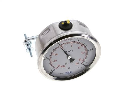 Manomètre à glycérine G1/2 raccord arrière -1 à 1,5 bar 100mm WIKA