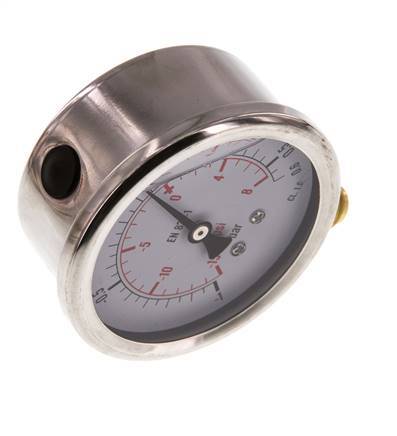 -1..0.6 Bar (-15..9 psi) Manomètre à glycérine inférieur Acier inoxydable/laiton 63 mm Classe 1.6