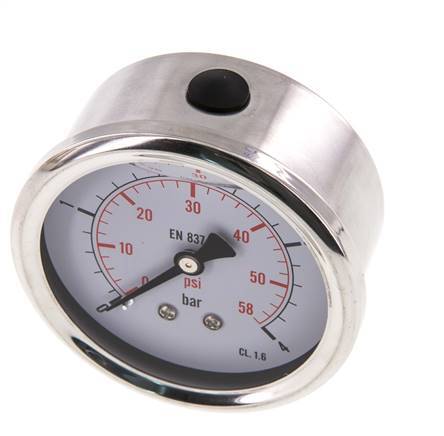 0..4 Bar (0..58 psi) Glycerin Pressure Gauge Rear Stainless steel/Brass 63 mm Class 1.6