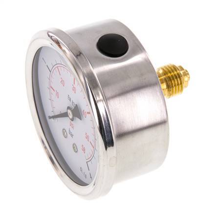 0..4 Bar (0..58 psi) Glycerin Pressure Gauge Rear Stainless steel/Brass 63 mm Class 1.6